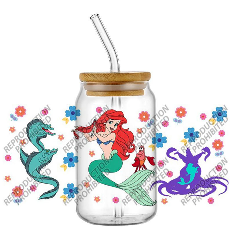 Rdta Tank Glass - 人気のレトロ漫画人魚姫アリエル有名16オンスUV DTF 3D転写ステッカーデカールガラス缶カップ用クリエイティブクラフトDIY